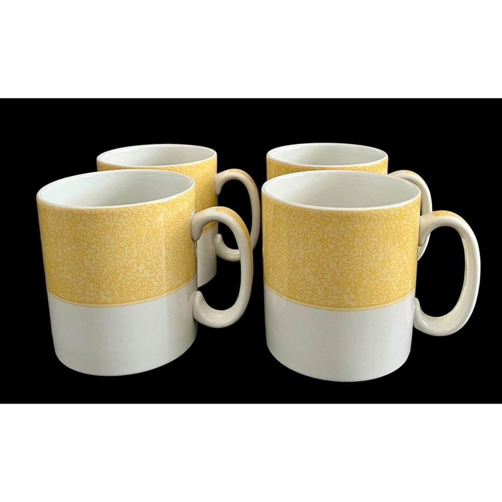 Set Of 4 Spode Vermicelli Yellow Rimmed Mugs Made In England 10 oz‎